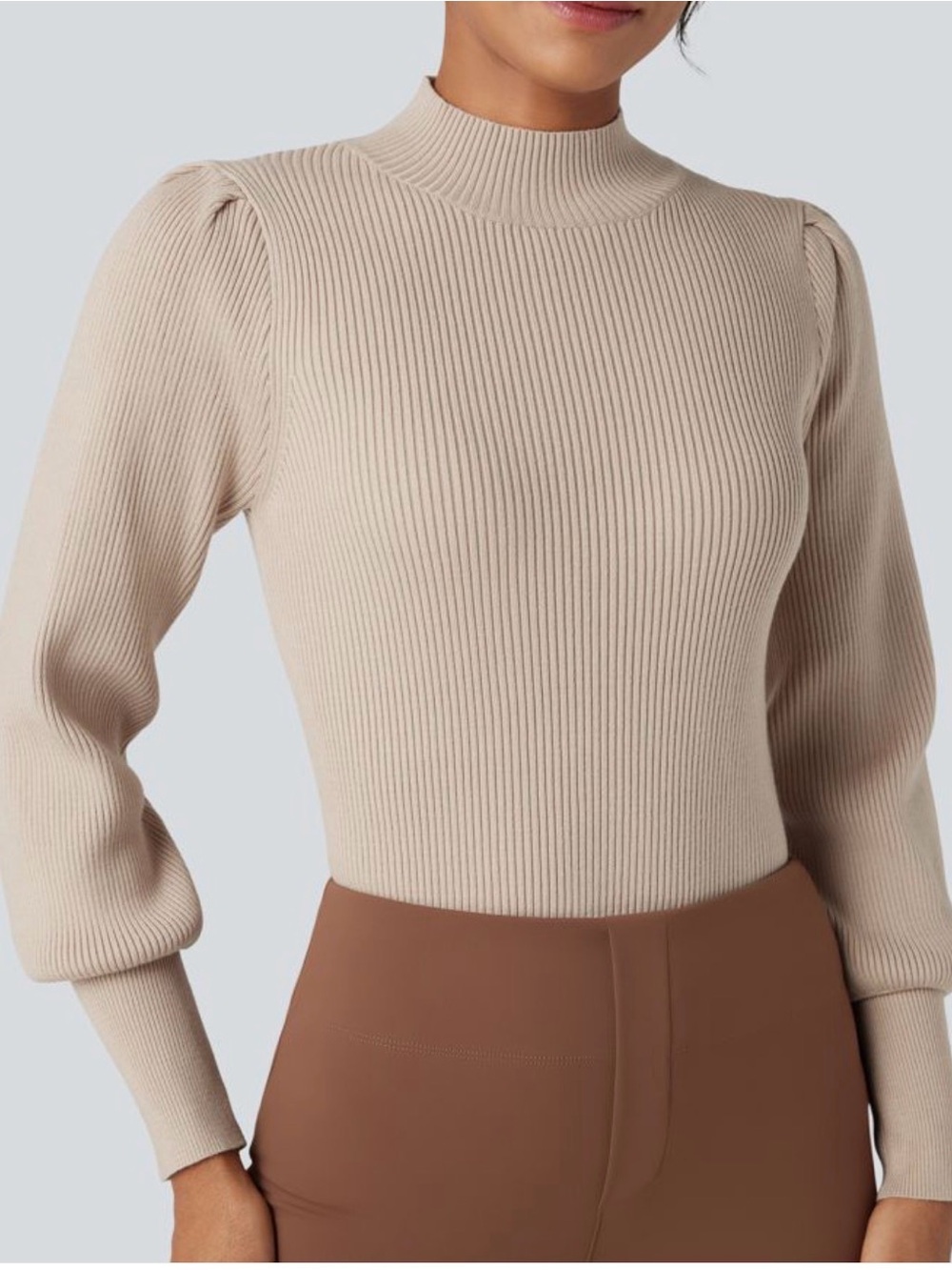 HALARA Ribbed Mock Neck Sweater in Beige